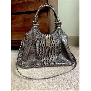 BRAHMIN Celia Crocodile-Embossed Leather Shoulder Bag, pewter w/ gold hardware